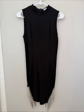 Pink Lily Black Sleeveless Midi Dress with Silver Fringe Hem